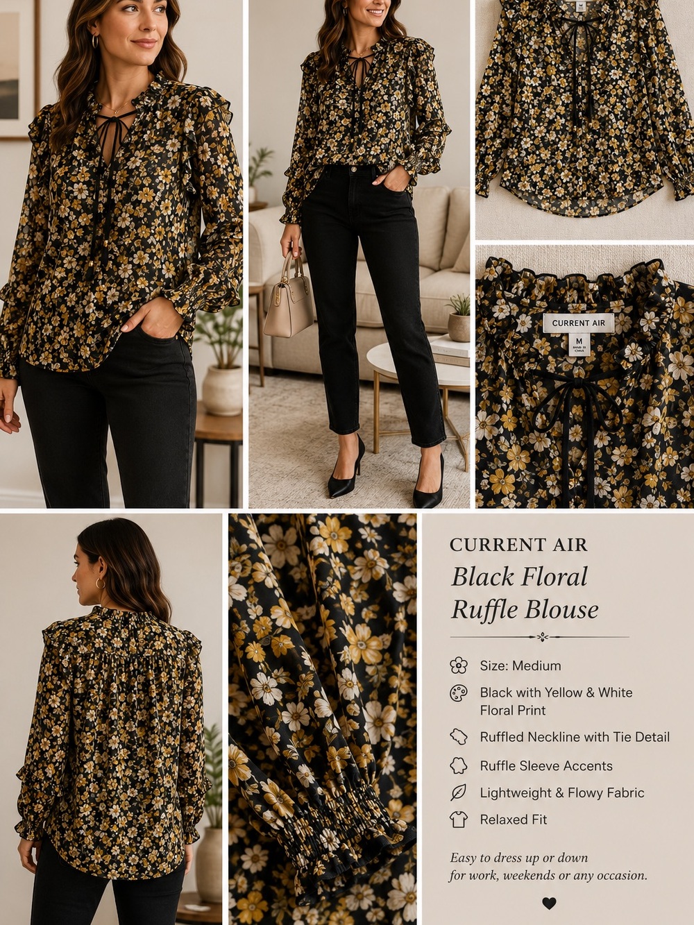 Current Air Black Floral Ruffle Blouse – Size Medium